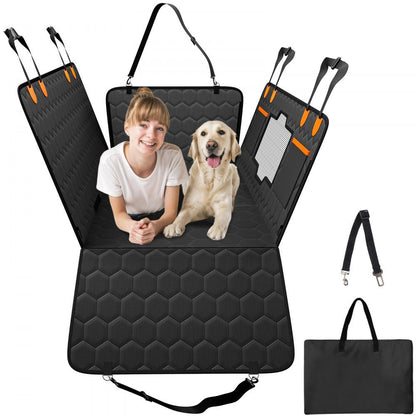 Person and golden retriever lying together on the black quilted back seat extender, with the carry bag and strap shown beside it