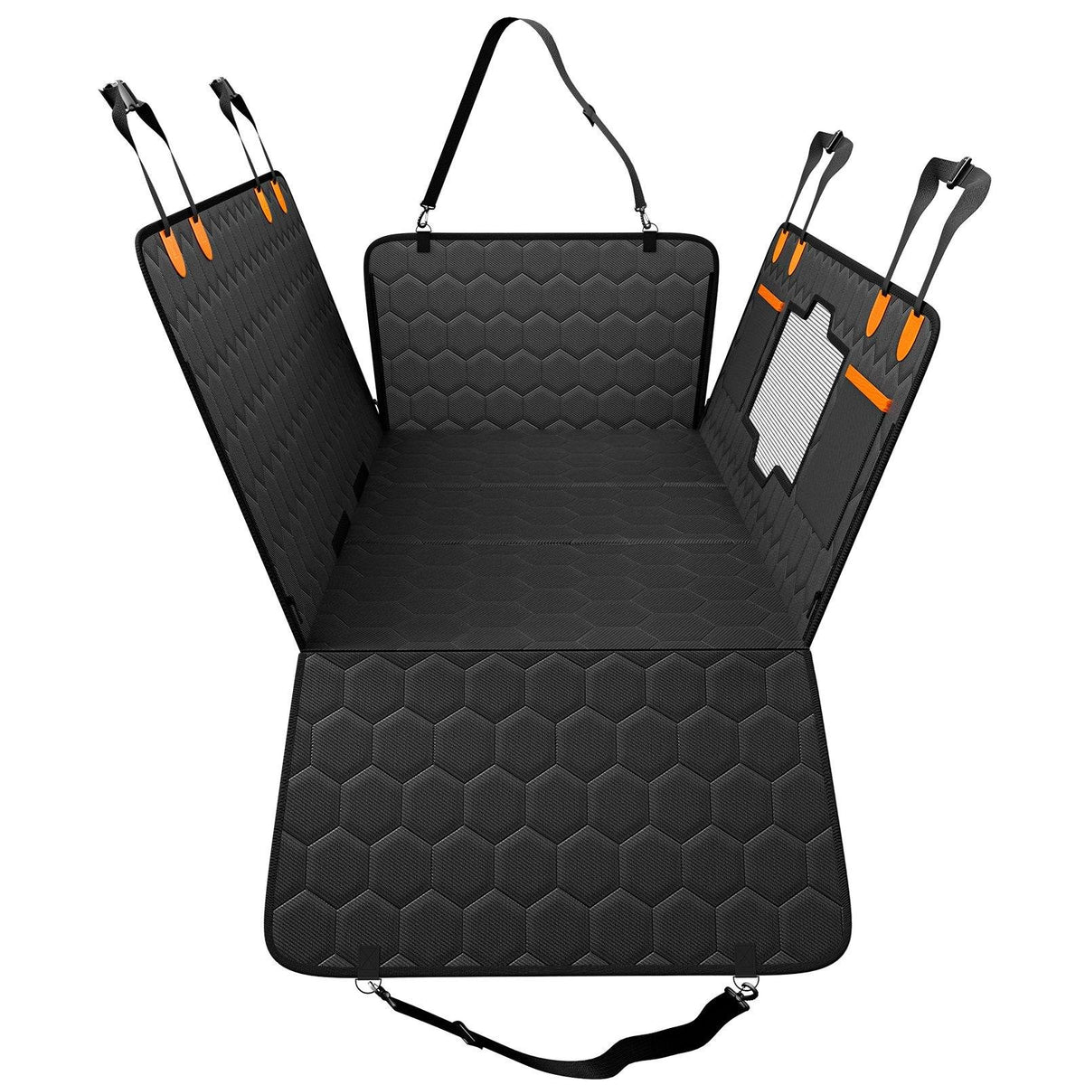 Back seat extender from above with side flaps raised, headrest strap and side mesh window