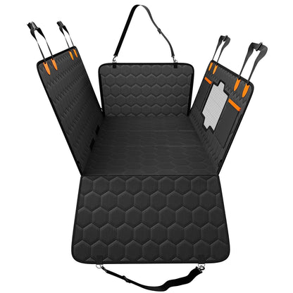Back seat extender from above with side flaps raised, headrest strap and side mesh window