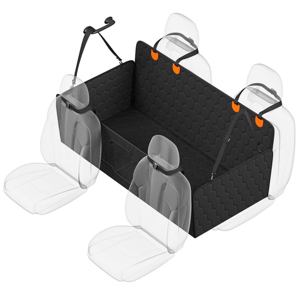 Illustration of the extender installed across the rear footwell between outlined front and back seats