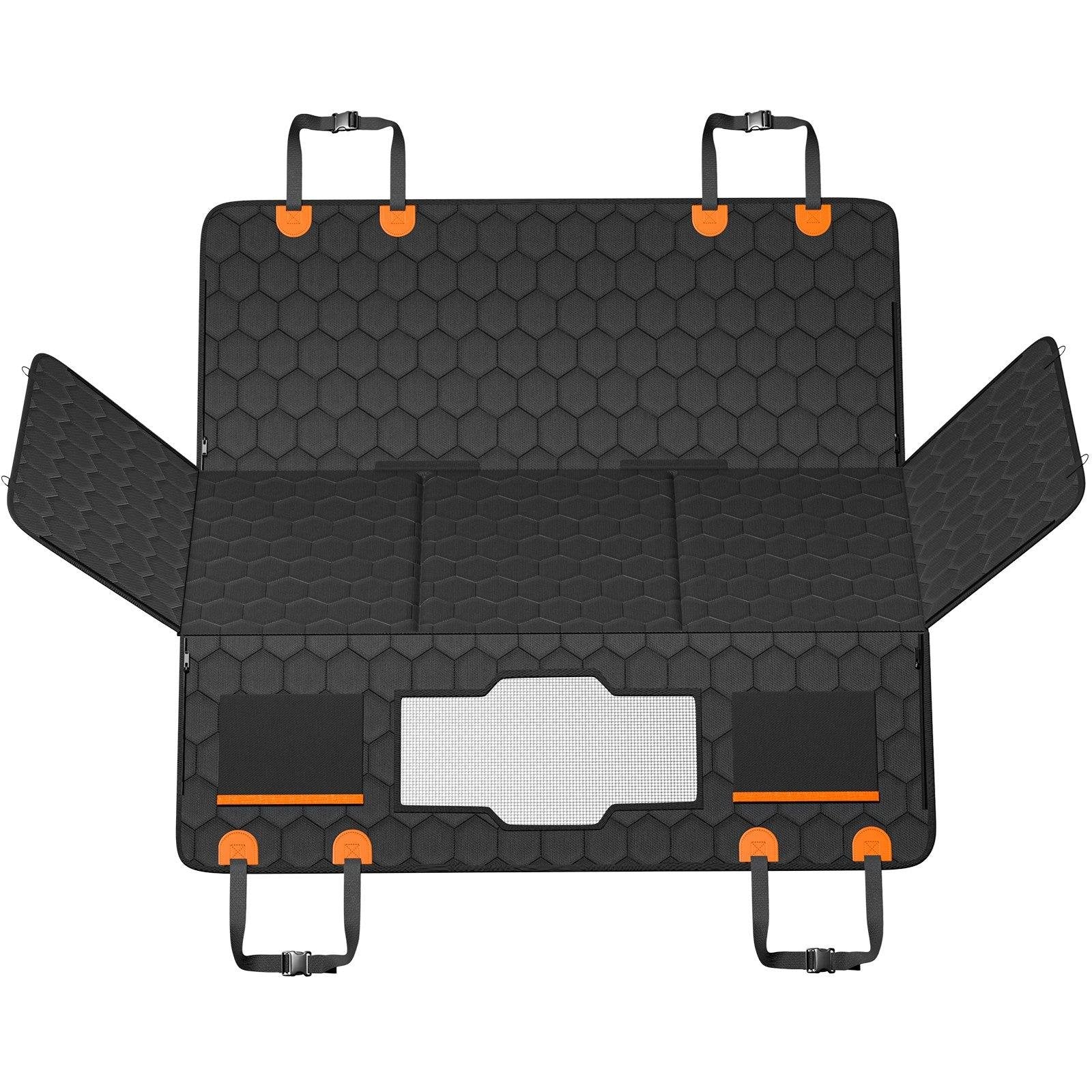 Extender laid flat with flaps open, showing the center mesh window and side storage pocket