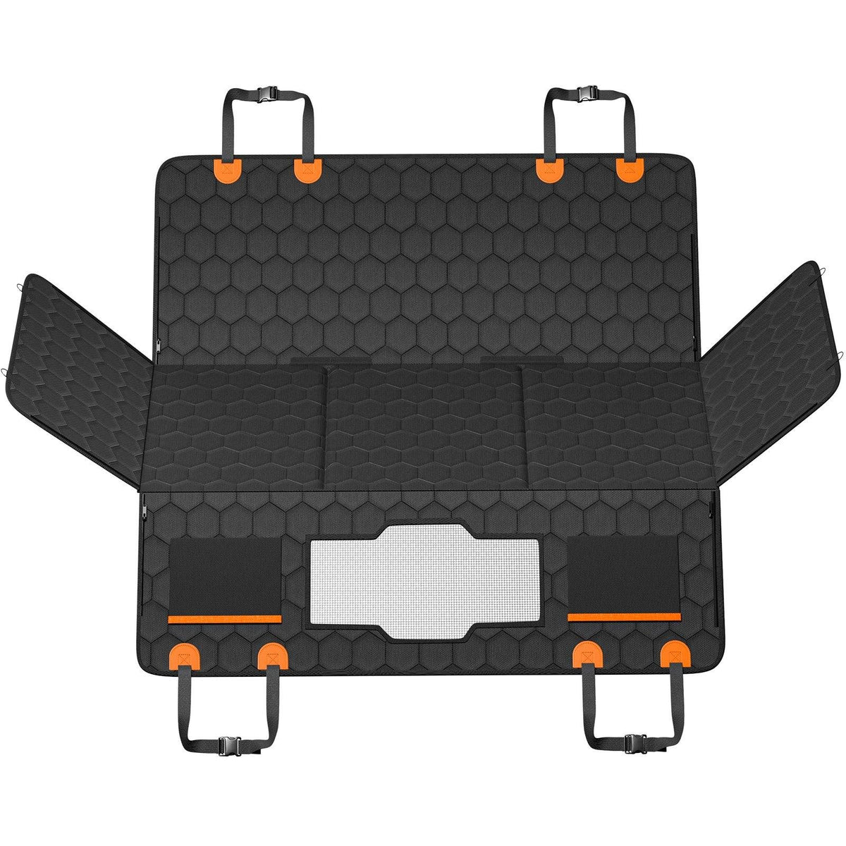 Extender laid flat with flaps open, showing the center mesh window and side storage pocket