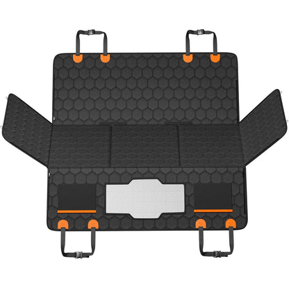 Extender laid flat with flaps open, showing the center mesh window and side storage pocket