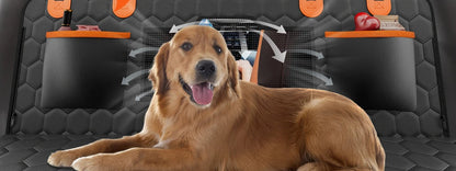 Golden retriever lying on the extender in the back seat of a car