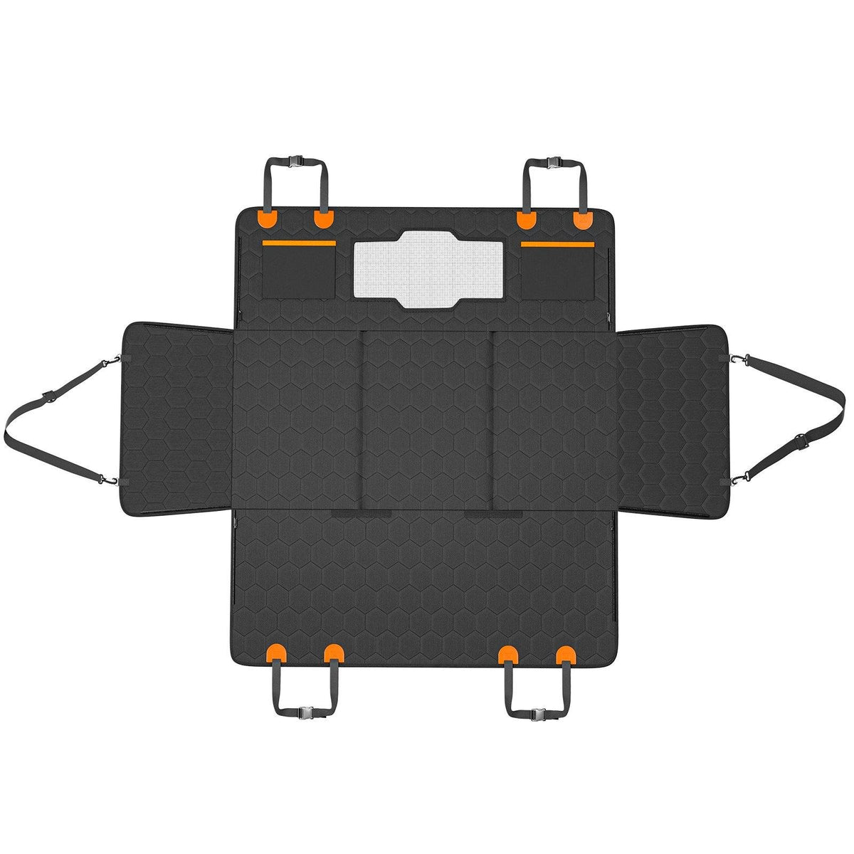 Extender laid flat with both side flaps folded out and adjustment straps extended
