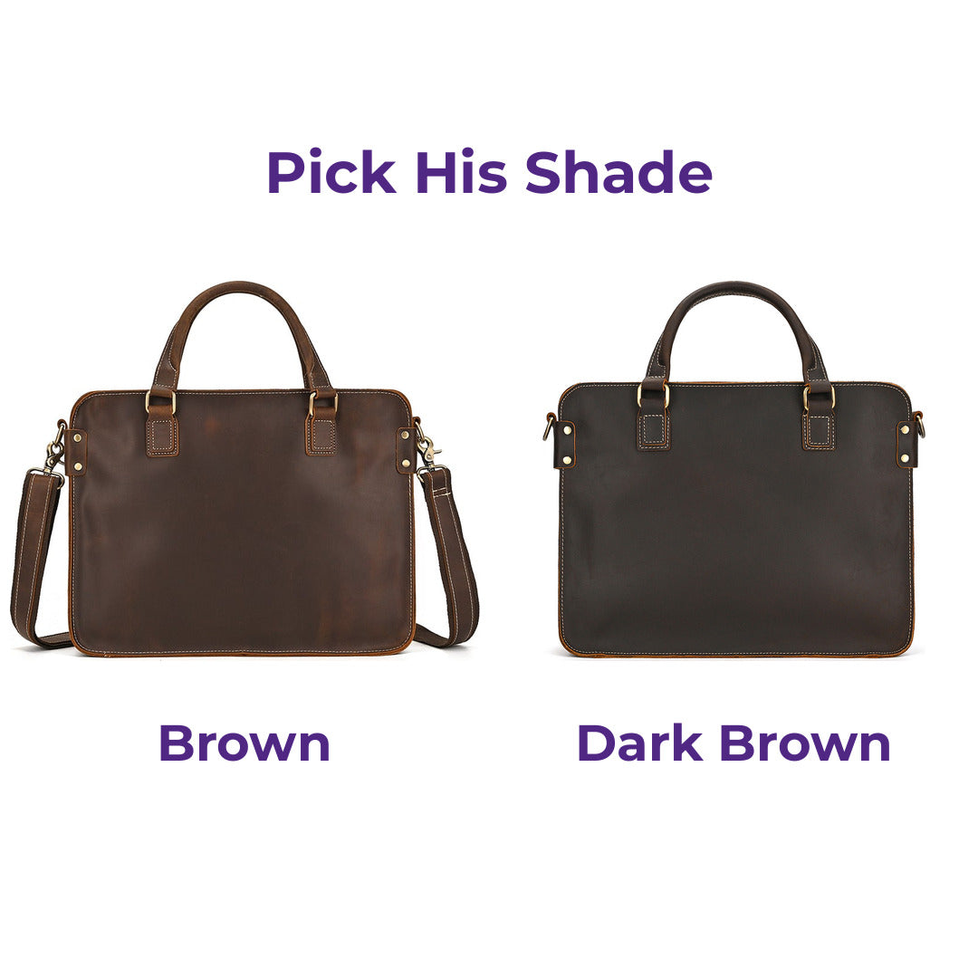 Brown and Dark Brown briefcases side by side, each labelled with its color name