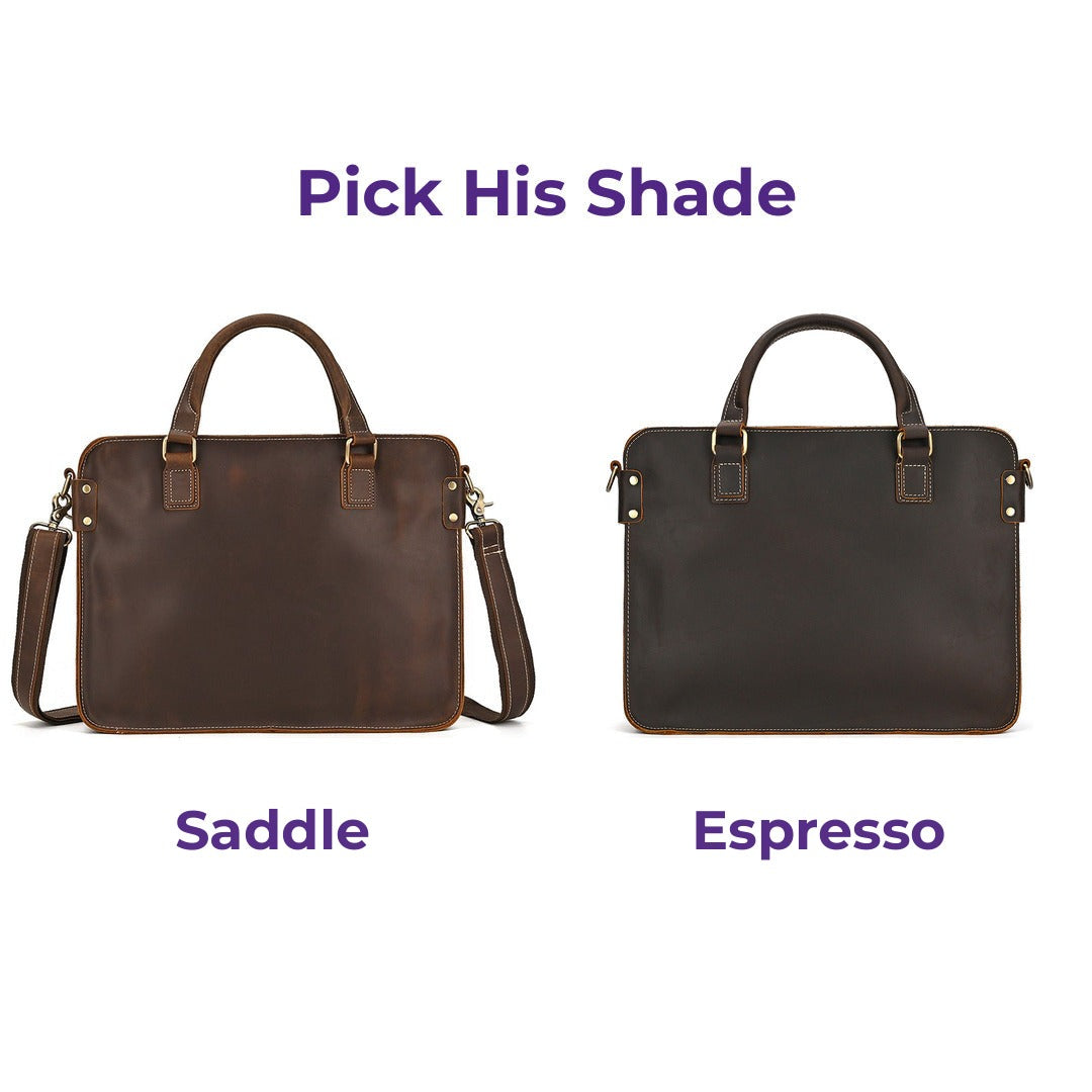 Saddle and Espresso briefcases side by side, each labelled with its color name