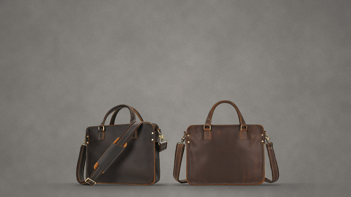 Dark Brown and Brown vintage-style briefcases side by side on a grey concrete-style background