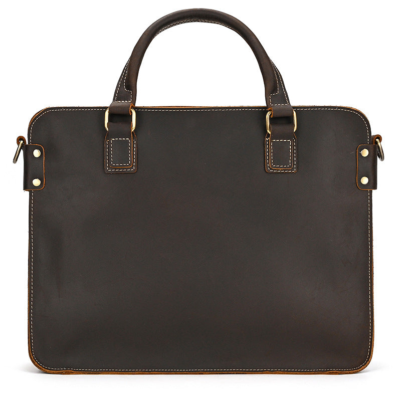 Dark brown briefcase, straight-on front view, with two top handles