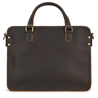 Dark brown briefcase, straight-on front view, with two top handles