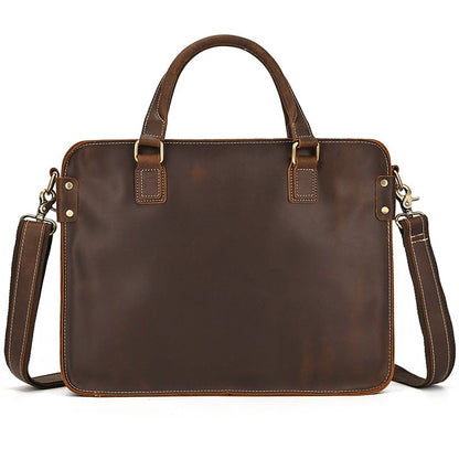 Brown briefcase, front view, with two top handles and a shoulder strap