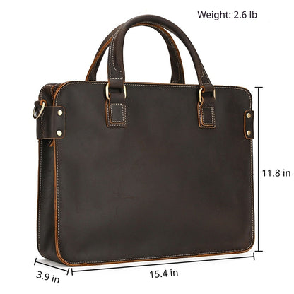 Espresso briefcase with size labels: 15.4 in wide, 11.8 in high, 3.9 in deep, 2.6 lb