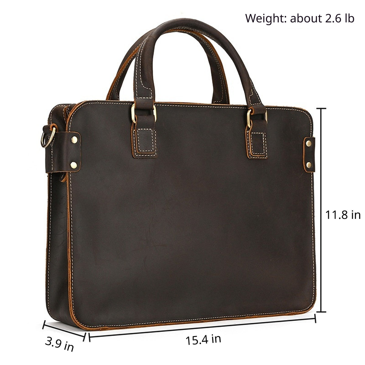 Dark brown briefcase with size labels: 15.4 in wide, 11.8 in high, 3.9 in deep, about 2.6 lb